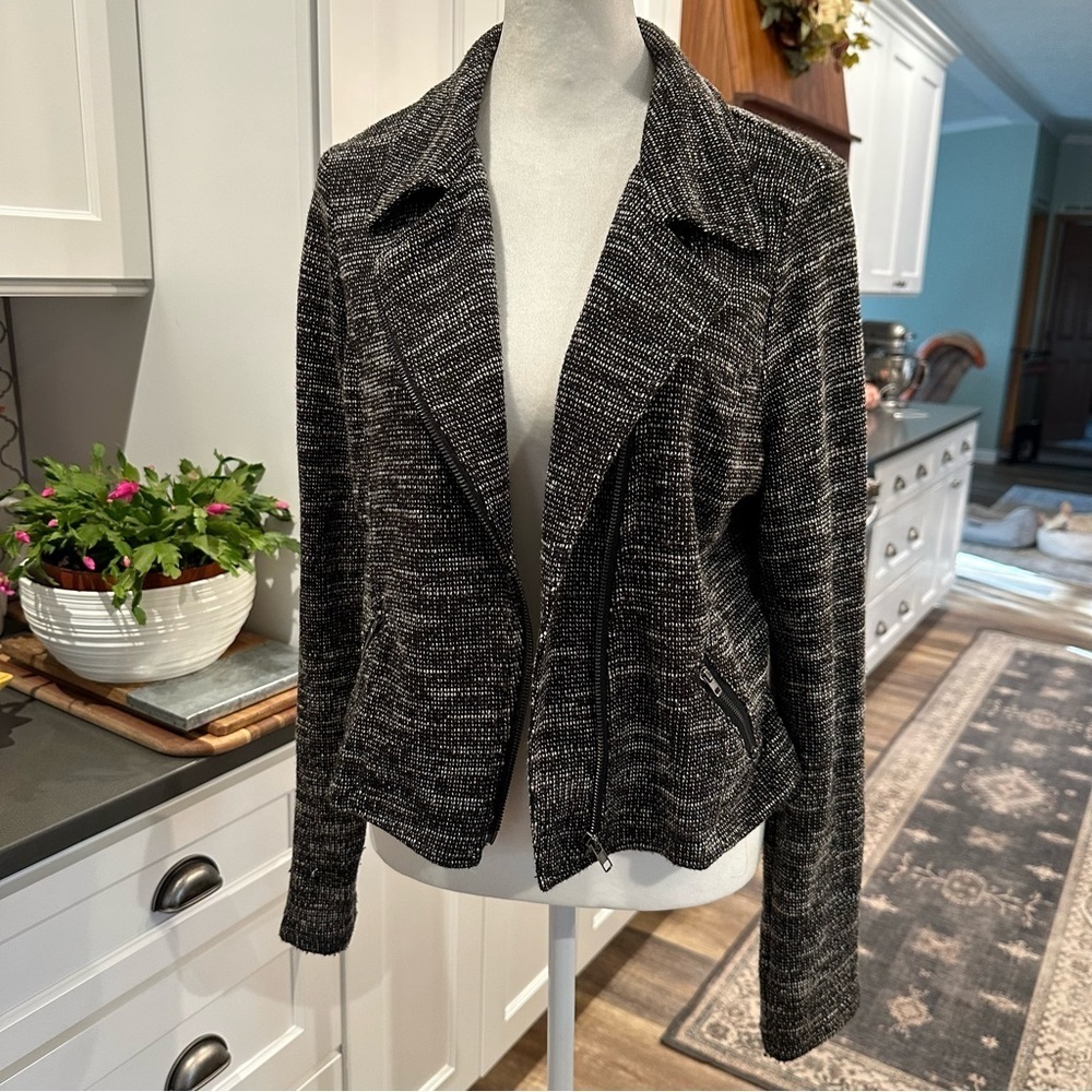 Umgee Black White Marled Knit Moto Jacket Full Zip Cardigan Sweater Top USA Sz L